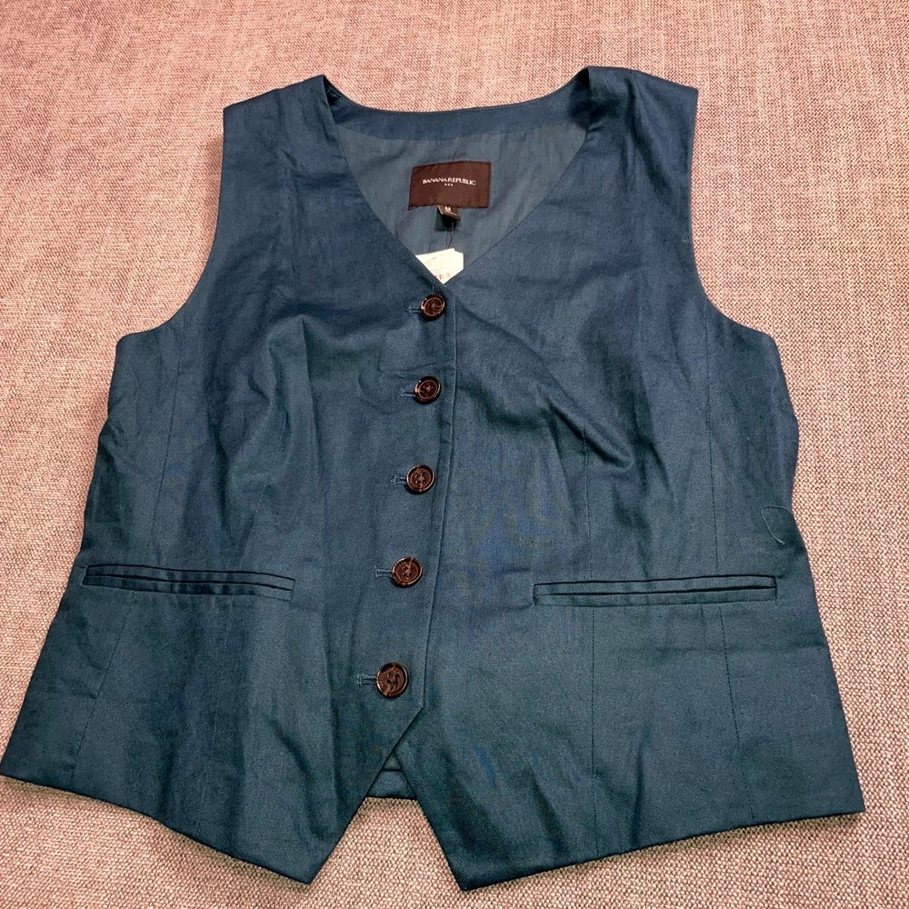 Banana Republic Women Deep Sea Teal Linen Blend Button Front Vest Medium 696056